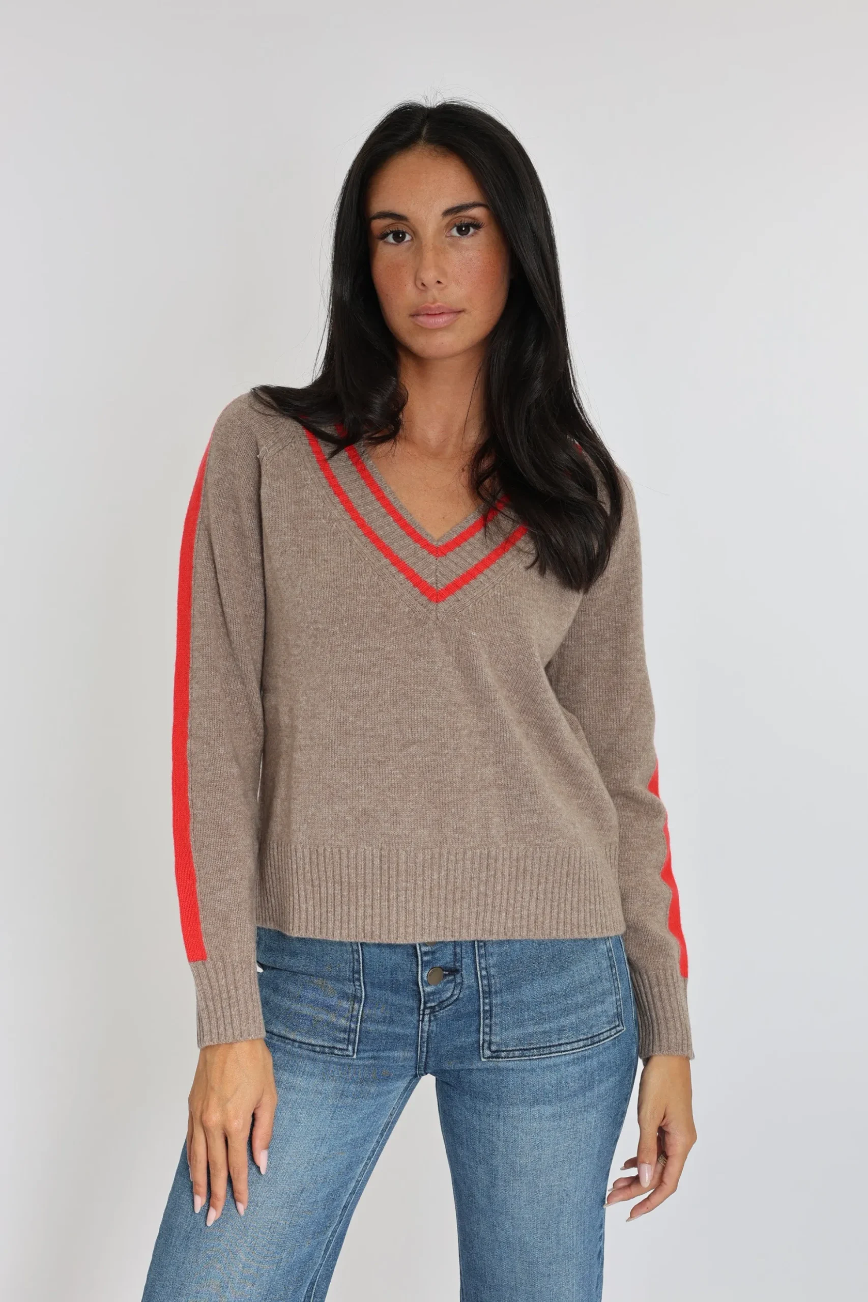 PULL COL V ASTRID BEIGE CHINÉ/ROUGE^KOOKAÏ Discount